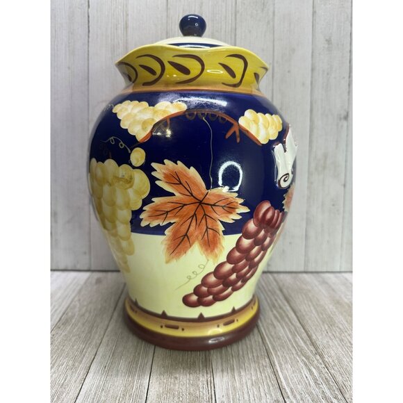 Vtg Cobalt Blue 11" Tall Cookie Jar BISCOTTI Canister Fall Leaves French Country - Picture 3 of 12